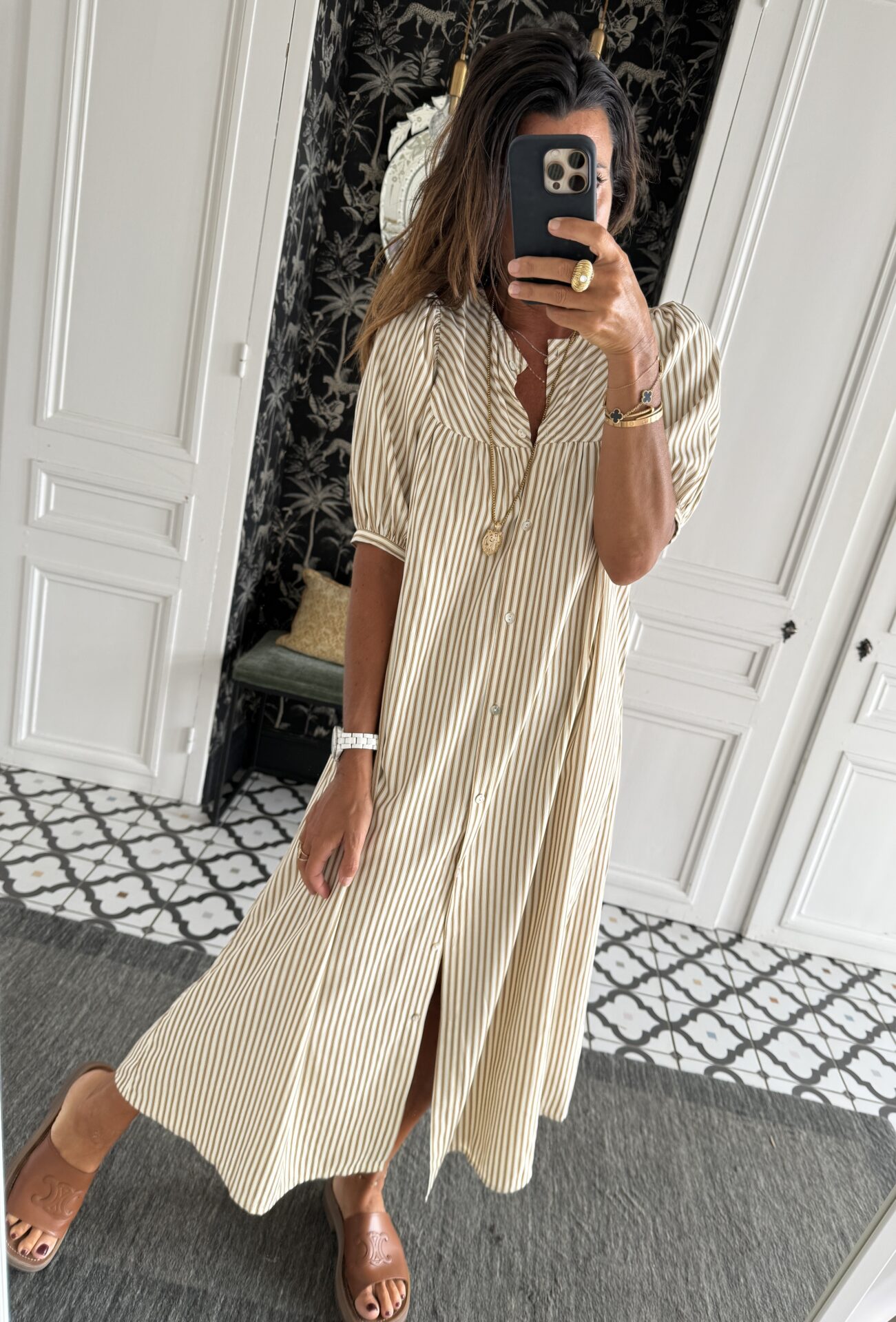 robe chemise rayée ecru et camel
