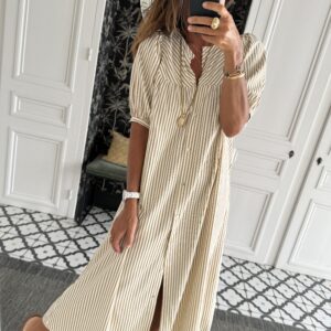 robe chemise rayée ecru et camel