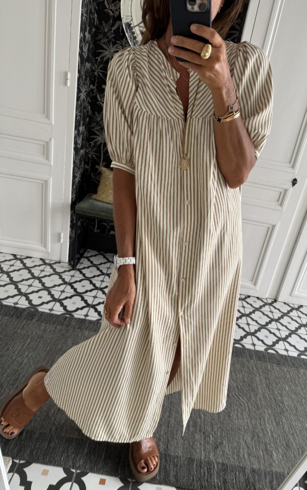 robe chemise rayée ecru et camel