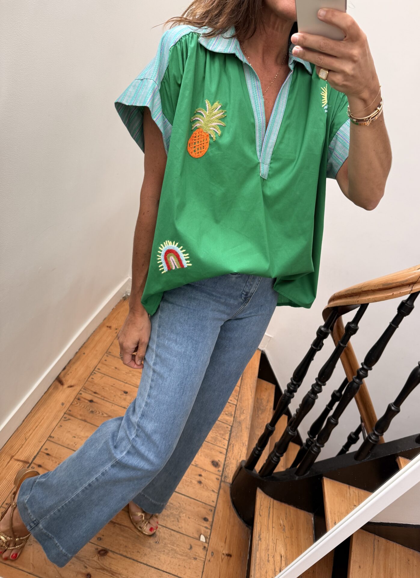 pull oversize liseret doré kaki