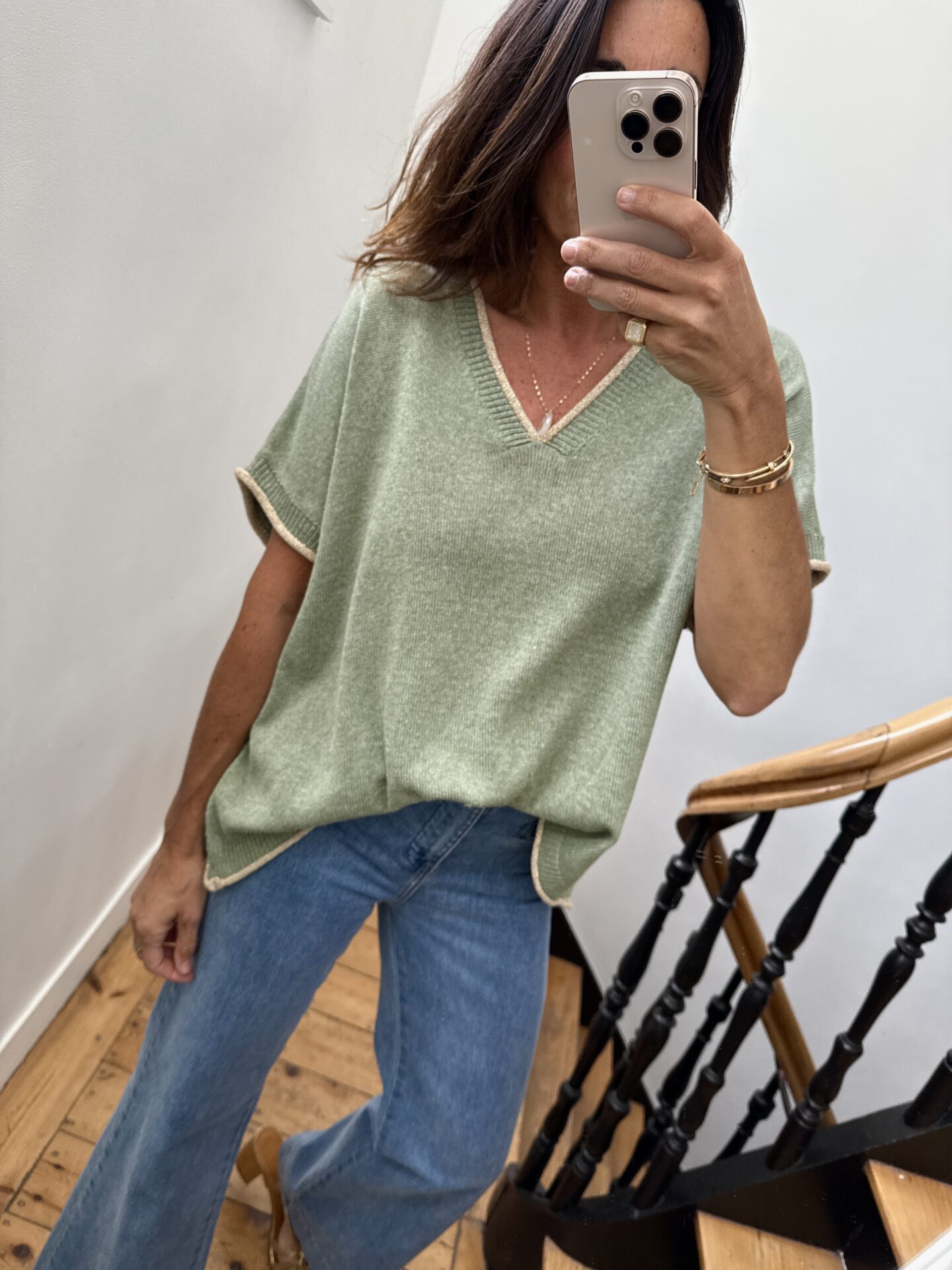 pull oversize liseret doré kaki