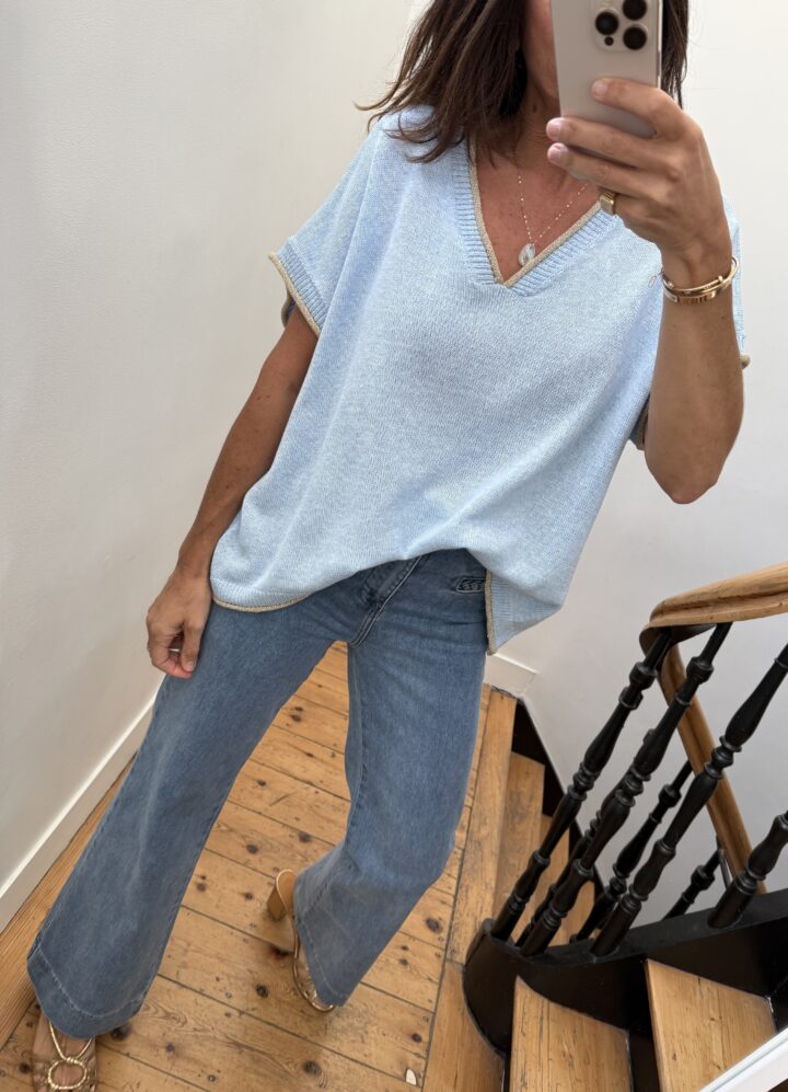 pull oversize liseret doré rose