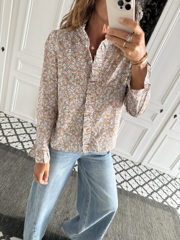 chemise col volanté frou frou vichy bleu
