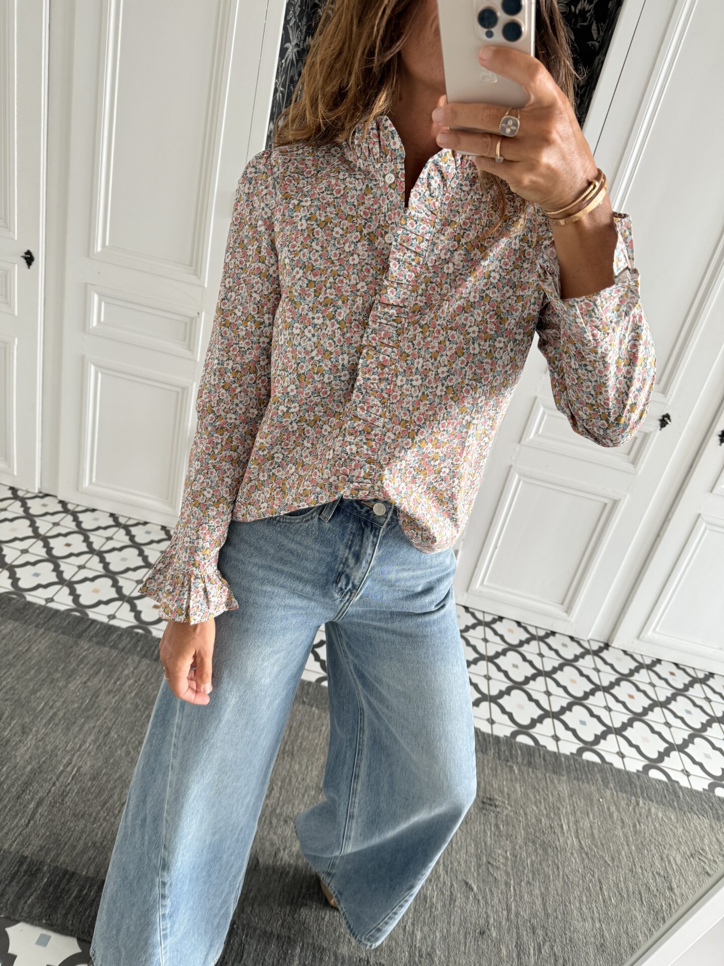chemise col volanté frou frou vichy bleu