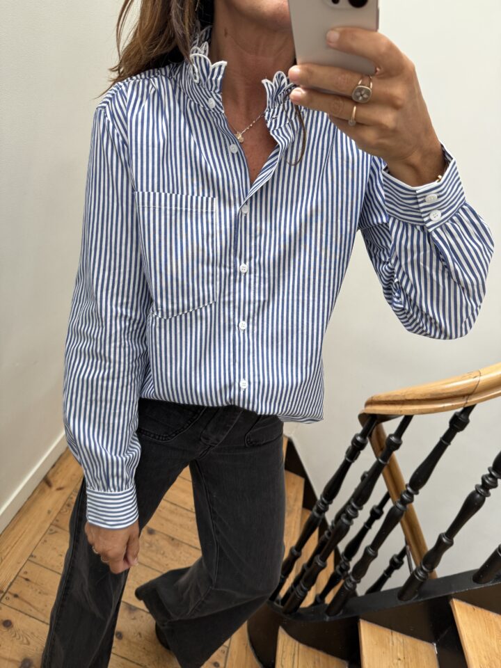 chemise rayée bleu col frou frou