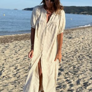 robe chemise tiki rayée blanc et camel