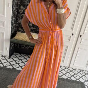 robe longue rayée orange et rose