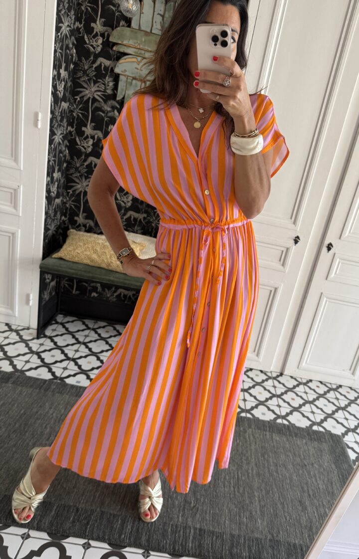 robe longue rayée orange et rose