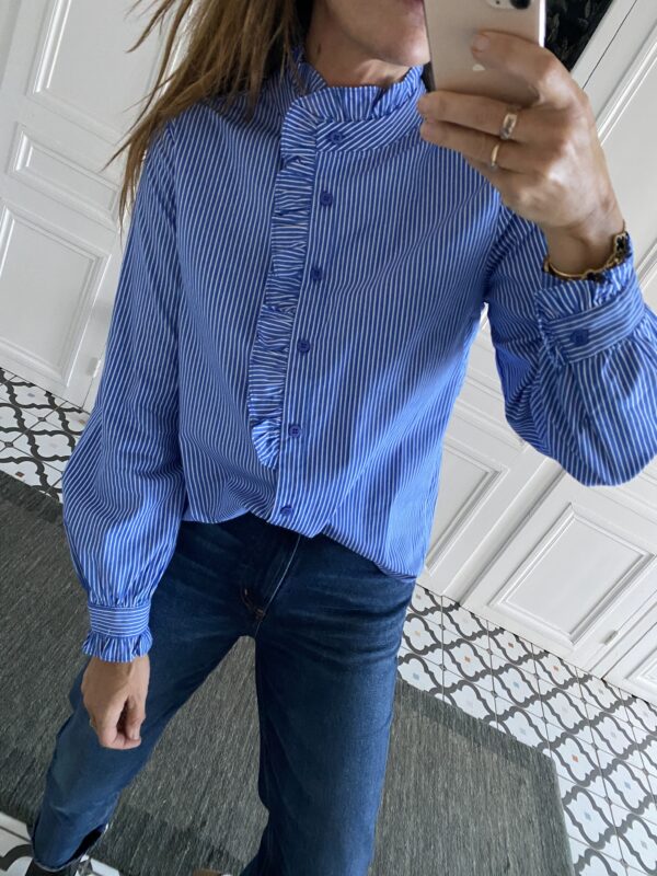 chemise rayures bleu col volanté