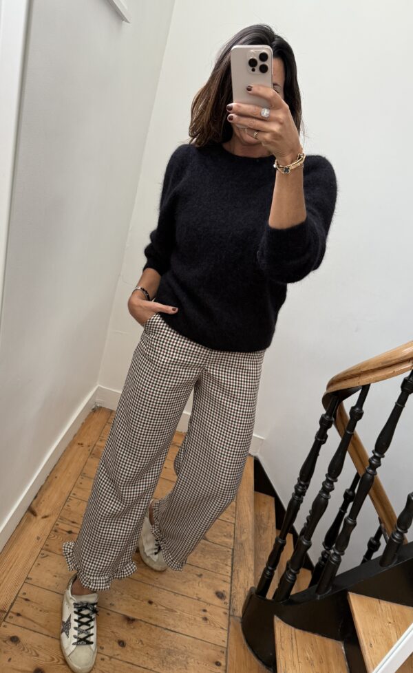 pantalon bas frou frou volant mini carreaux noir bordeaux