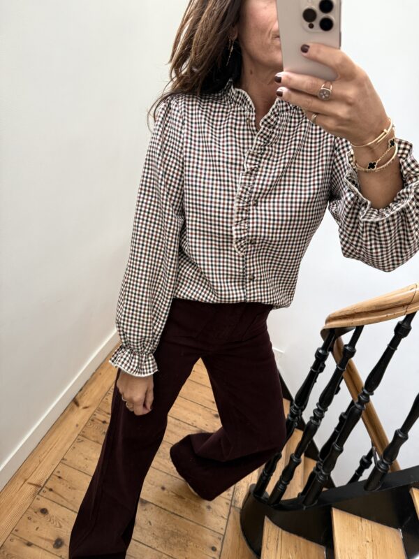 pantalon bas frou frou volant mini carreaux noir bordeaux
