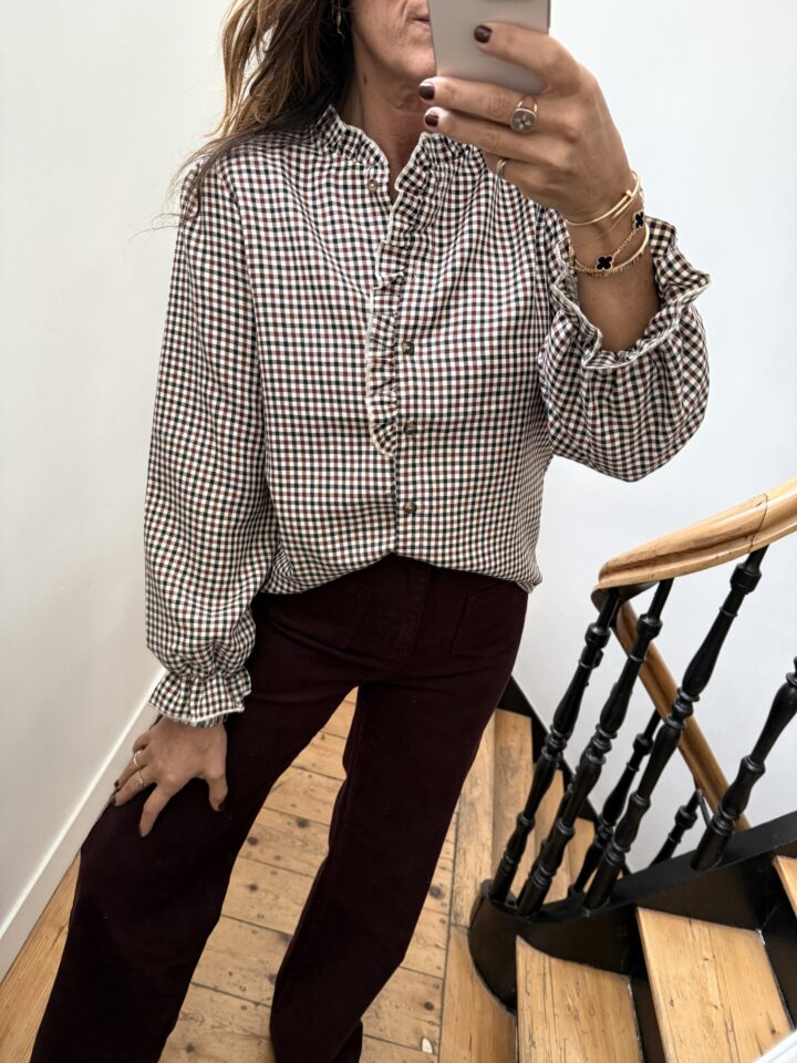 pantalon bas frou frou volant mini carreaux noir bordeaux