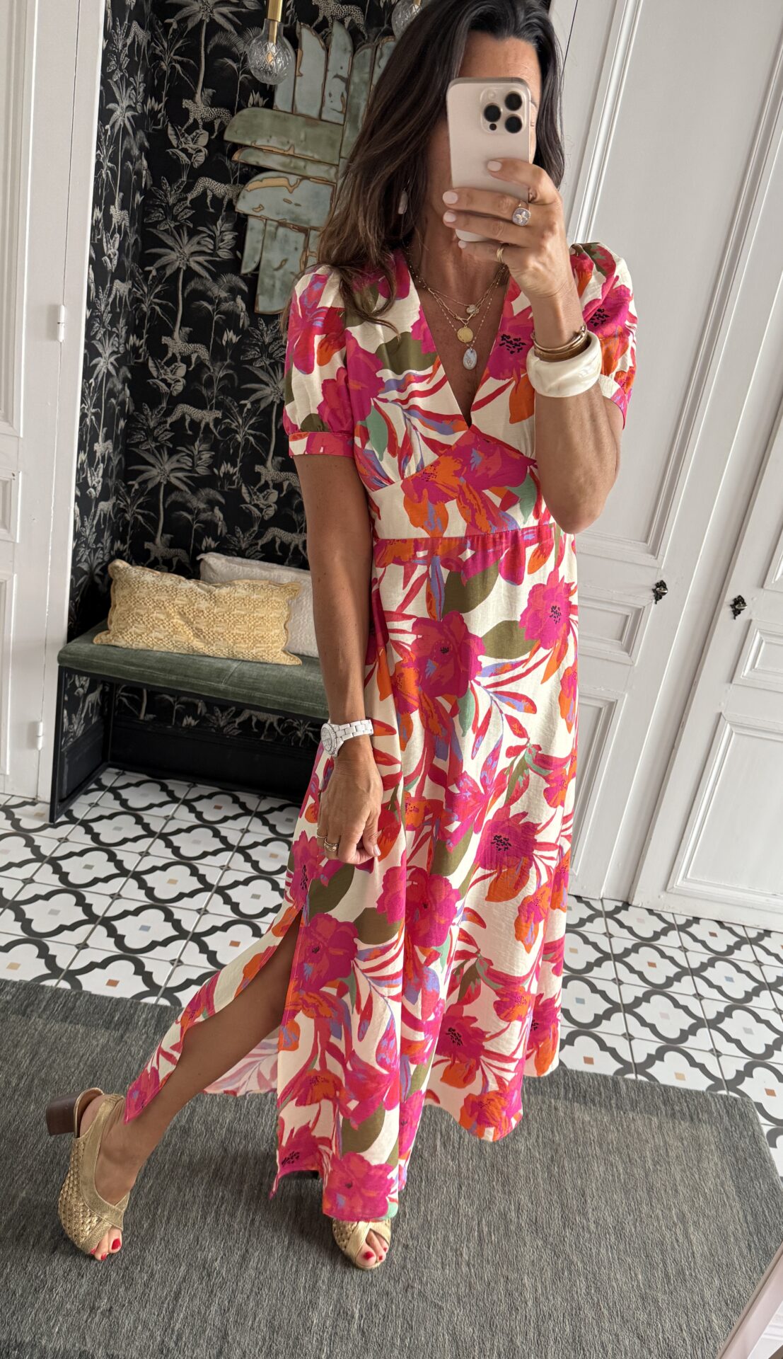 robe longue florale orange rose