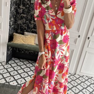 robe longue florale orange rose