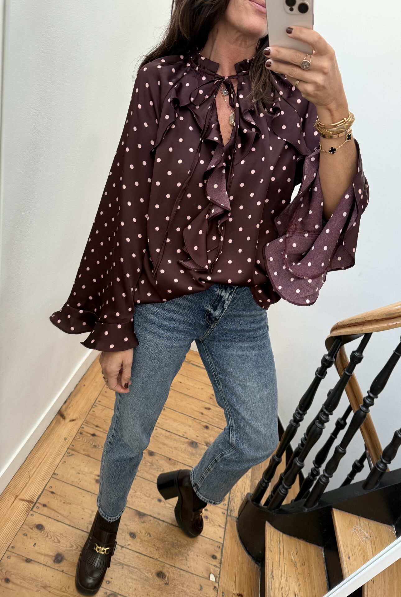 blouse pois prune volants satin