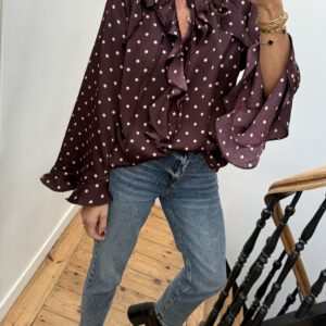 blouse pois prune volants satin