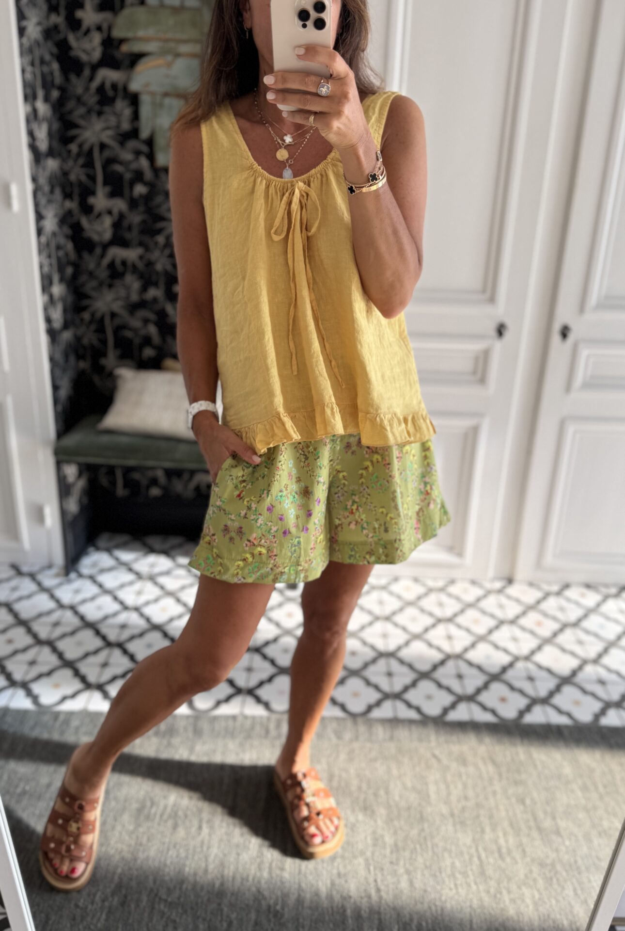 short fleuri coton vert