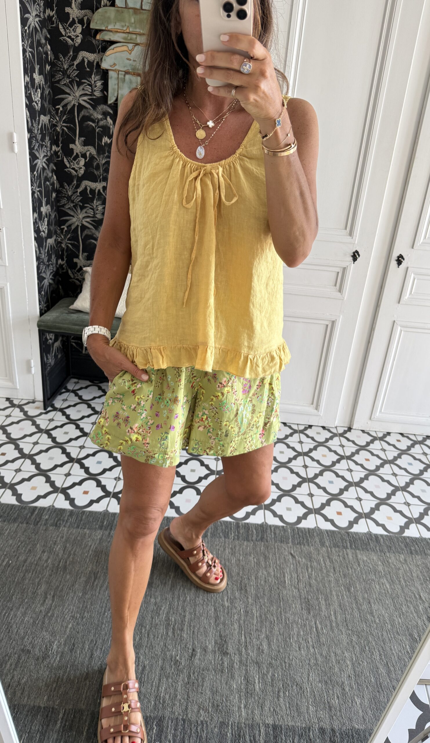 short fleuri coton vert