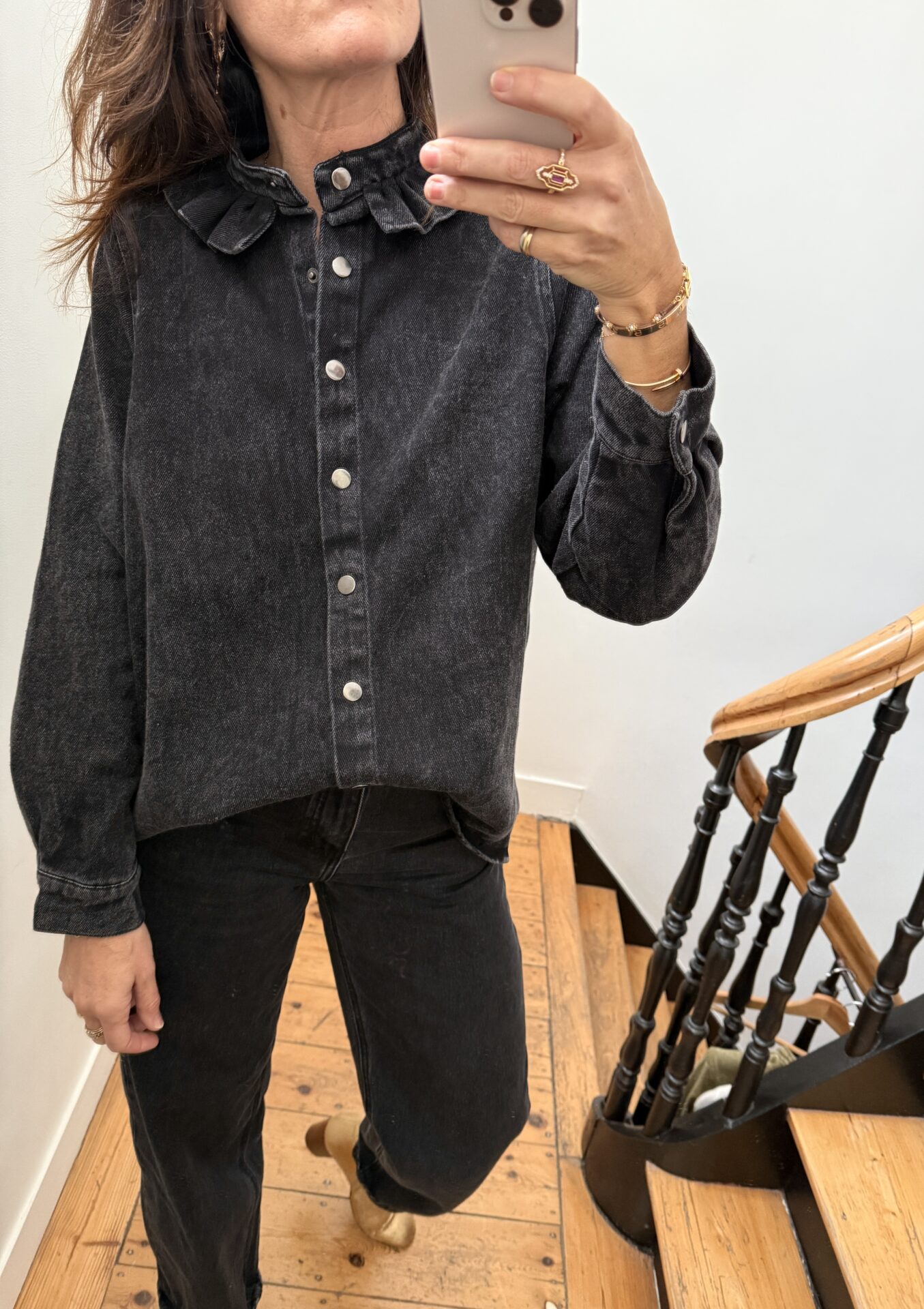 surchemise col frou frou volant jeans gris