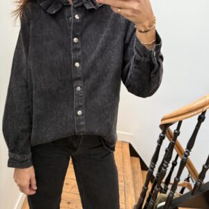 surchemise col frou frou volant jeans gris