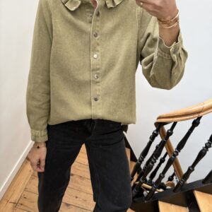 surchemise col frou frou volant jeans gris