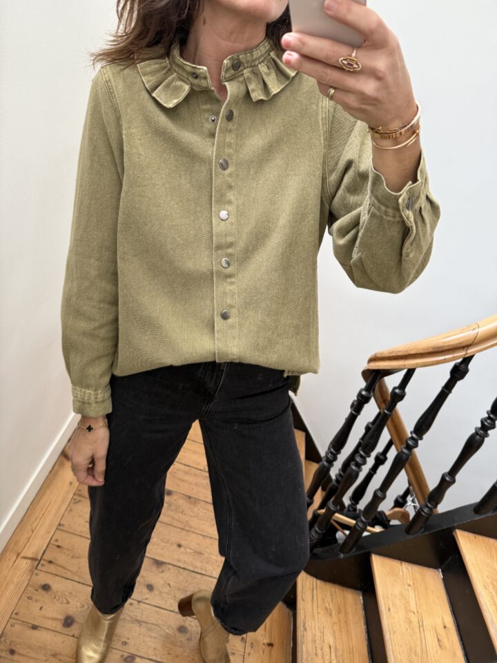 surchemise col frou frou volant jeans gris