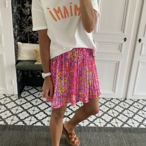jupe courte plissée fleurs rose