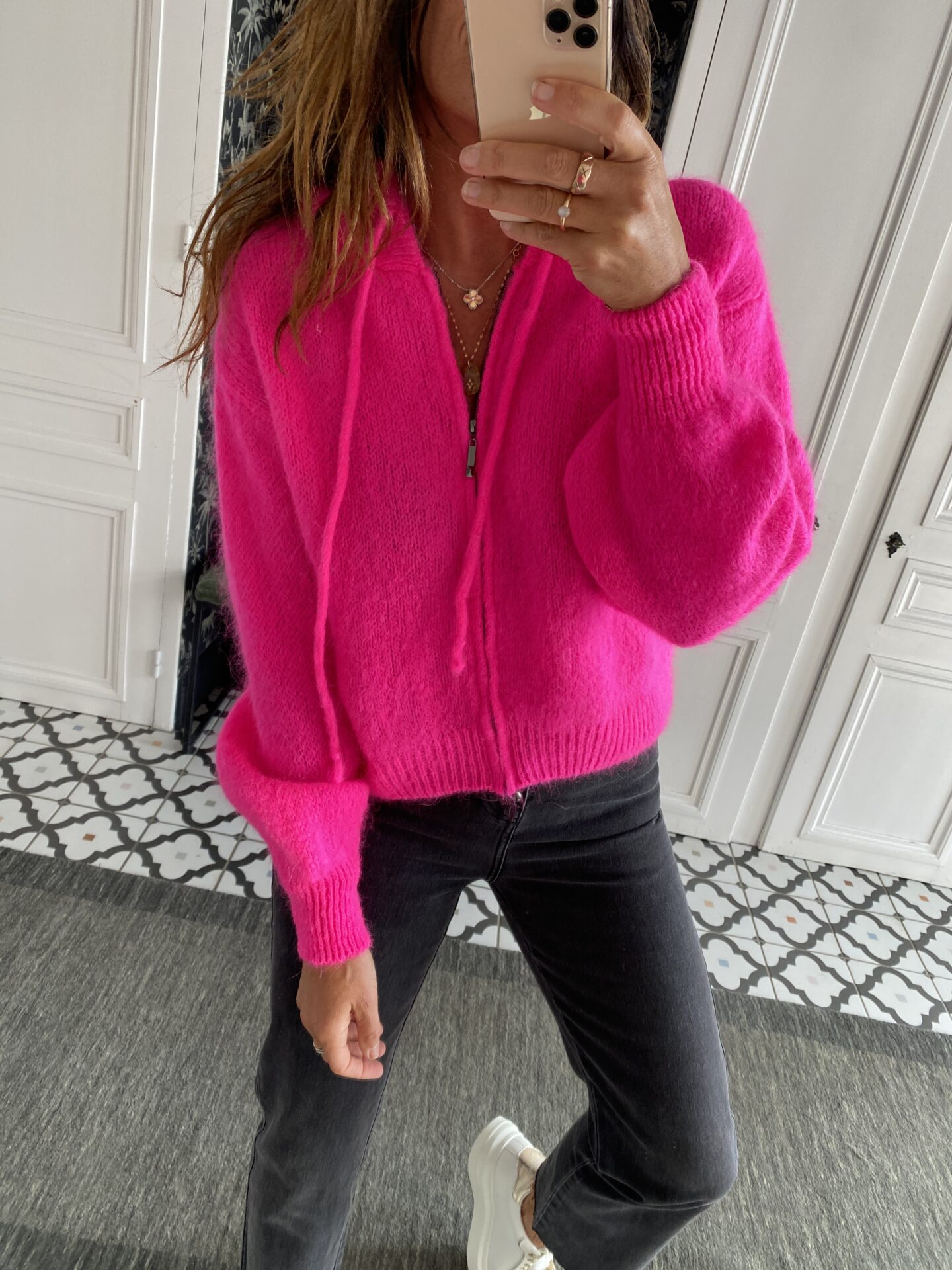 pull capuche mohair corail