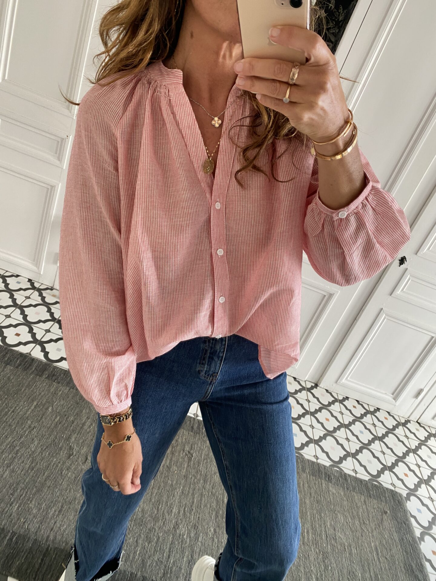 blouse rayée coton corail