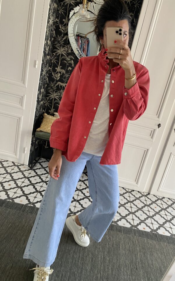 surchemise jeans col volanté rouge