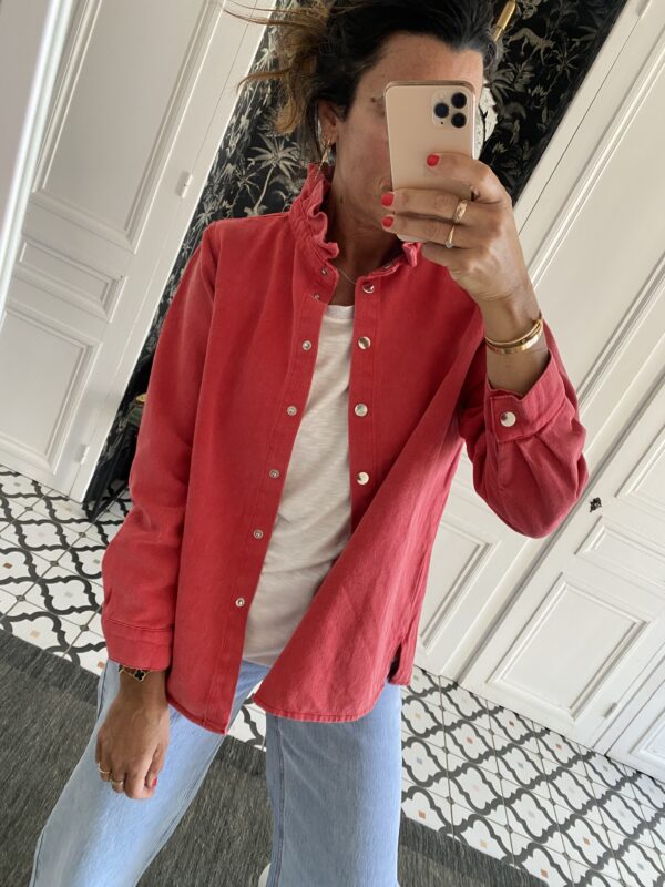 surchemise jeans col volanté rouge