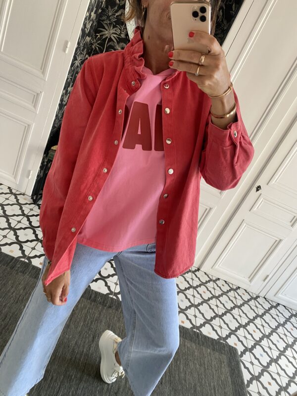 surchemise jeans col volanté rouge