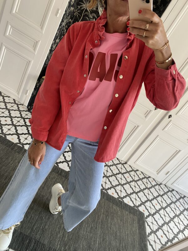 surchemise jeans col volanté rouge