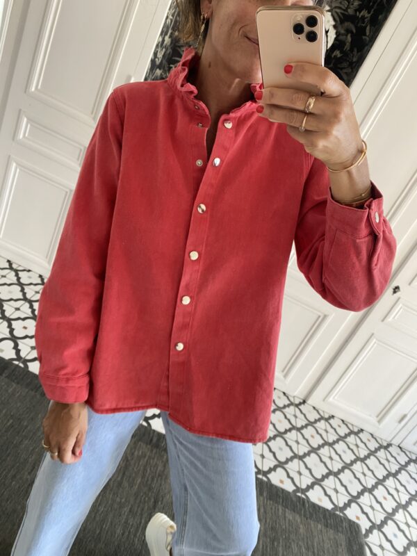 surchemise jeans col volanté rouge