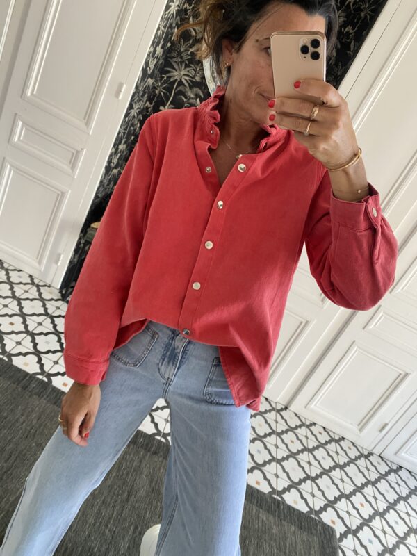 surchemise jeans col volanté rouge