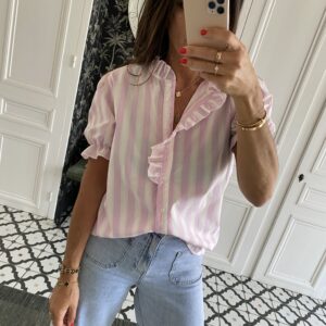 chemise manches courtes col volanté lilas rose rayée