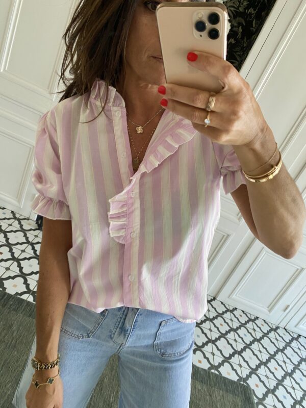 chemise manches courtes col volanté lilas rose rayée