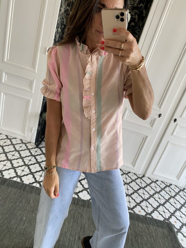 chemise manches courtes col volanté lilas rose rayée