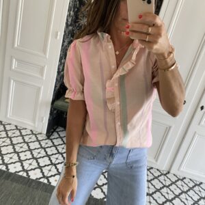 chemise manches courtes col volanté lilas rose rayée