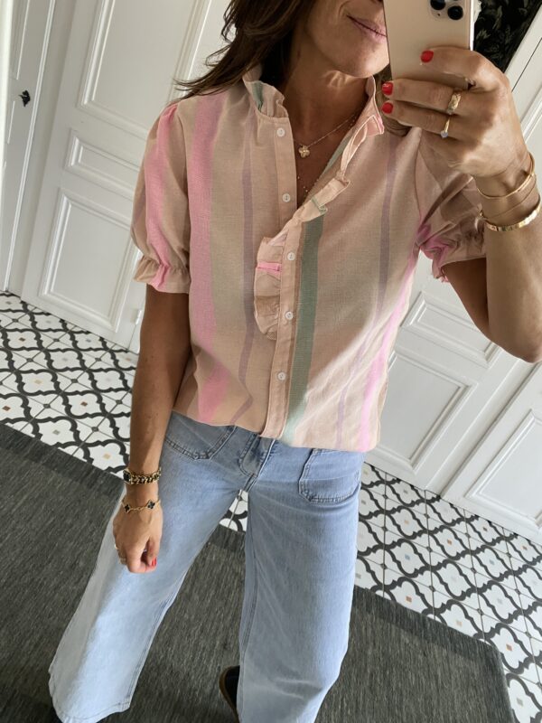 chemise manches courtes col volanté lilas rose rayée