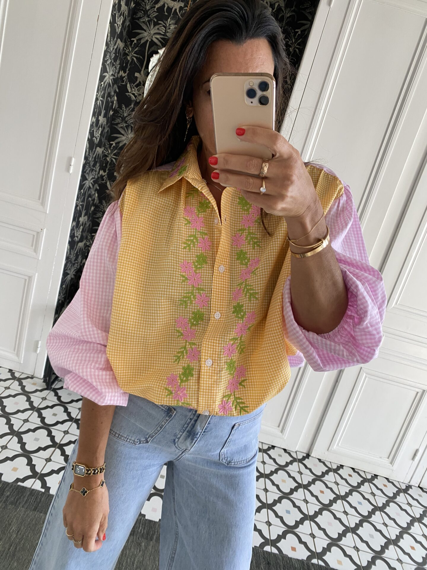 chemise manches courtes col volanté lilas rose rayée