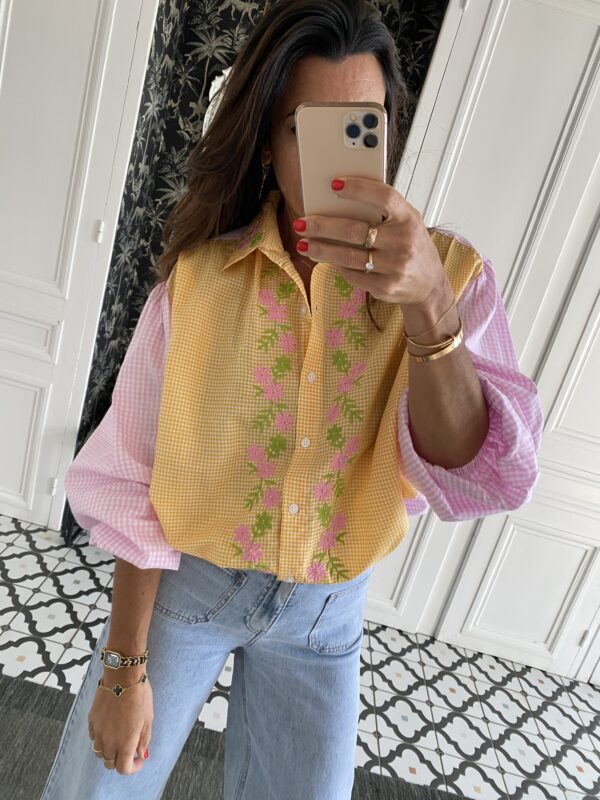 chemise manches courtes col volanté lilas rose rayée