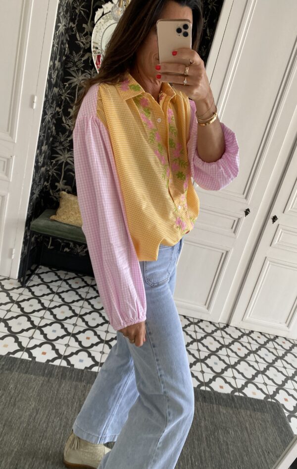 chemise manches courtes col volanté lilas rose rayée