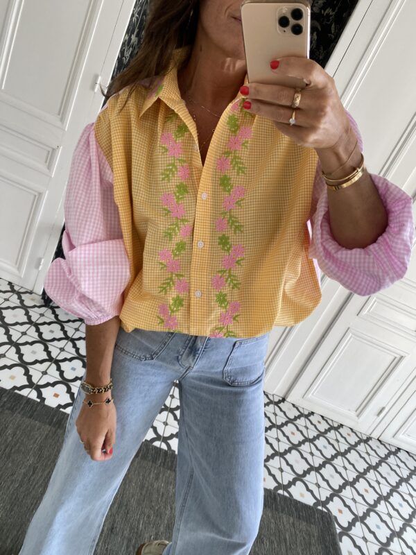chemise manches courtes col volanté lilas rose rayée