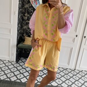 chemise manches courtes col volanté lilas rose rayée