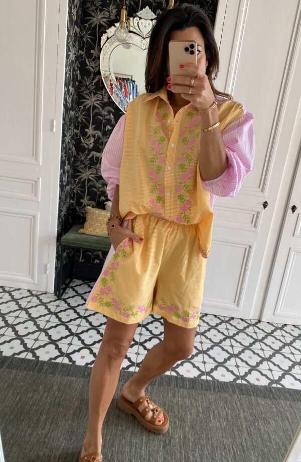 chemise manches courtes col volanté lilas rose rayée