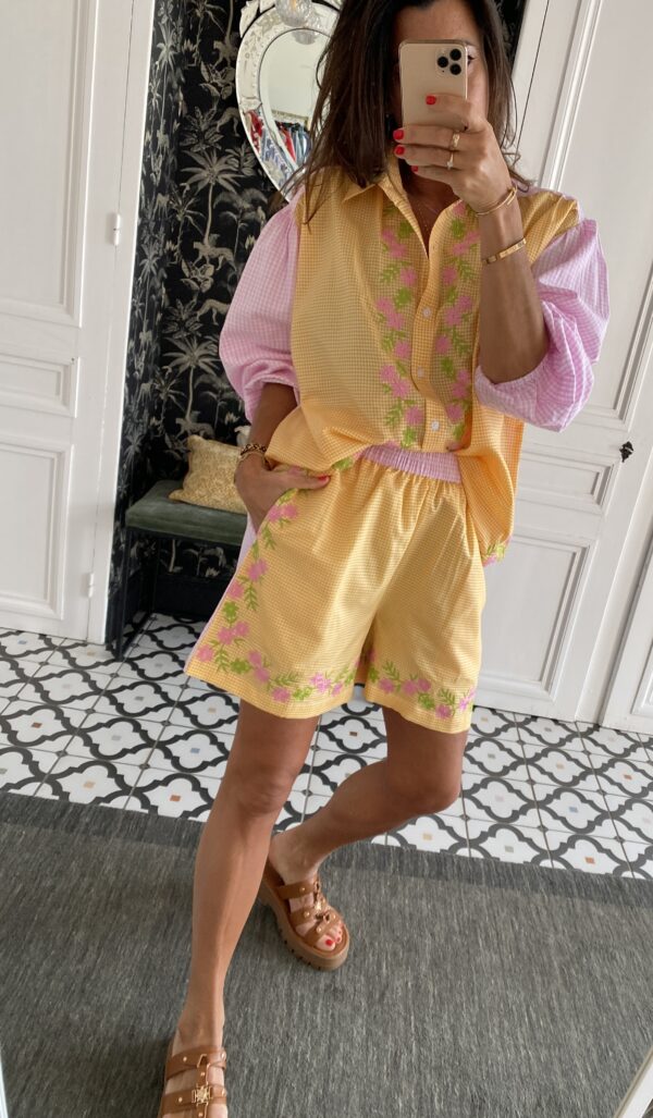 chemise manches courtes col volanté lilas rose rayée
