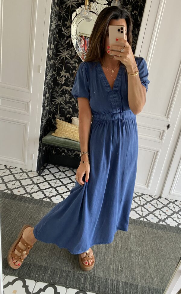 robe rayée col volant frou frou bleu