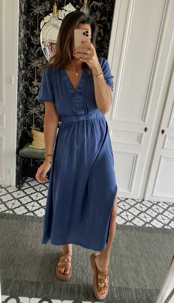robe rayée col volant frou frou bleu