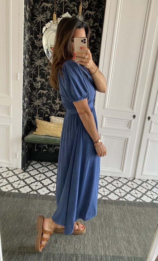 robe rayée col volant frou frou bleu